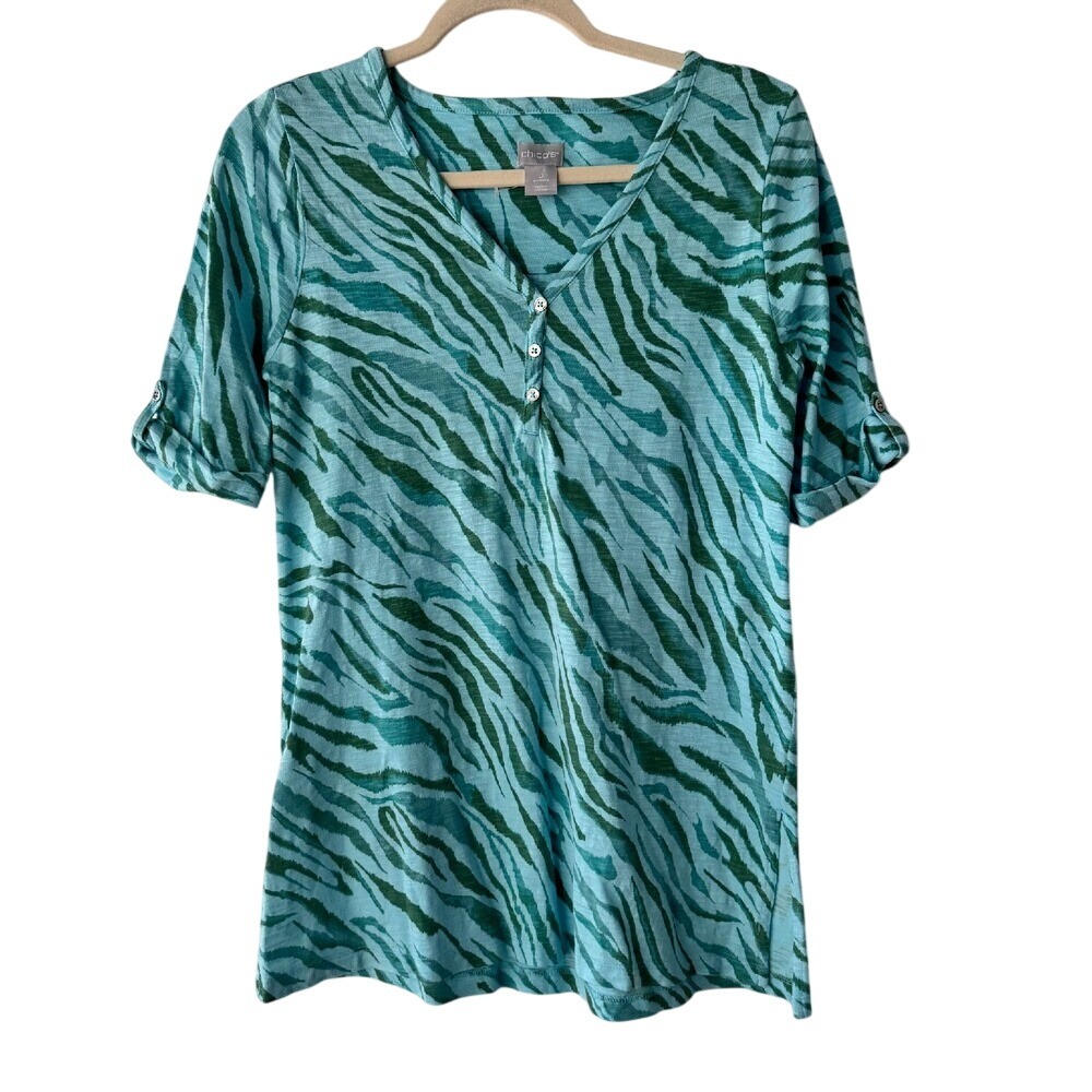 Chicos Zebra Print Henley Top Teal Green Cotton Modal Size 0 XS S - Picture 7 of 8